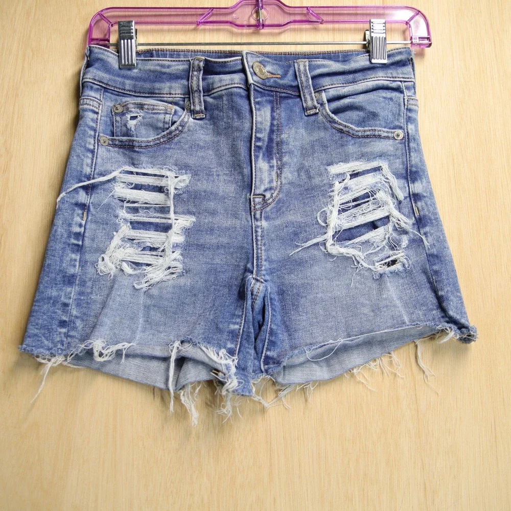 American Eagle Hi-Rise Shortie Distressed Denim Shorts Medium Wash Blue Womens 0